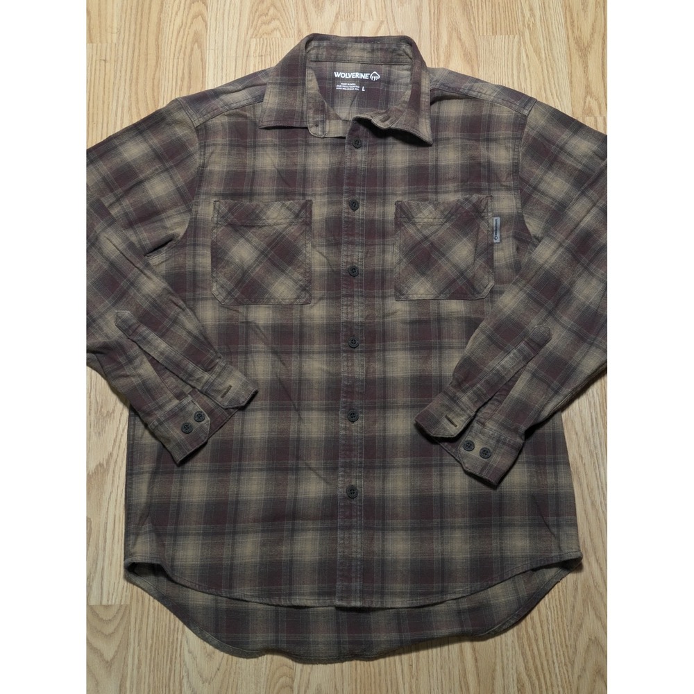 Wolverine Mens Flannel Long Sleeve Button Down Plaid Brown Large